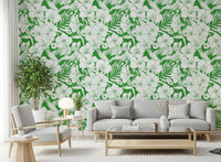 Hallway Hummingbird Wallpaper with tropical flowers on a bold green surface