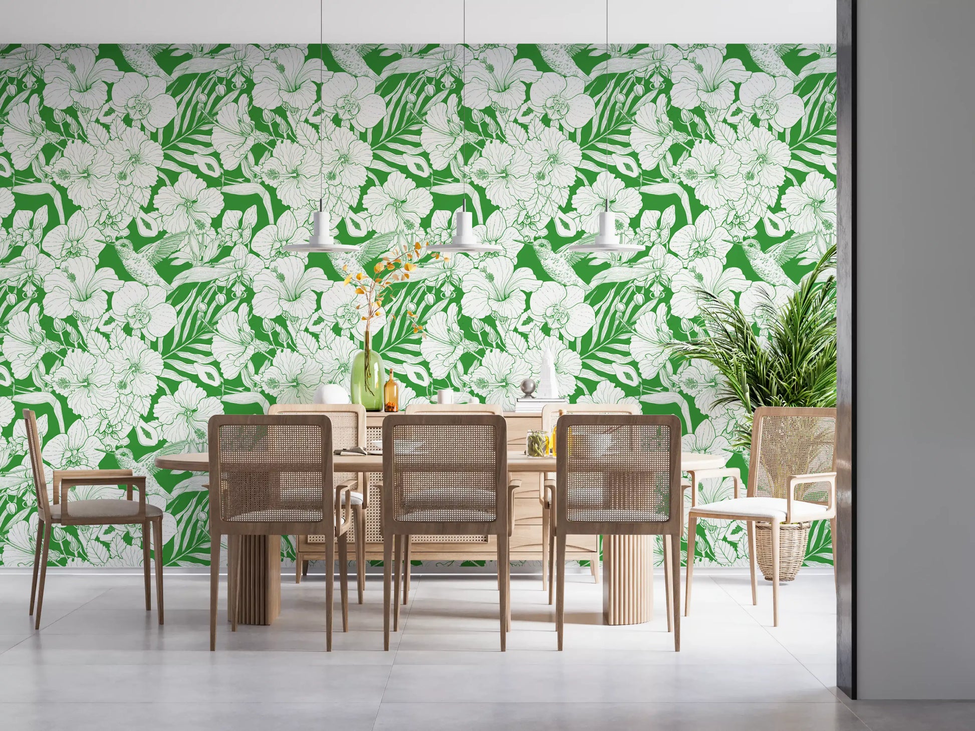 Summer Botanical Garden wallpaper showing orchid-style blooms and fine leaves