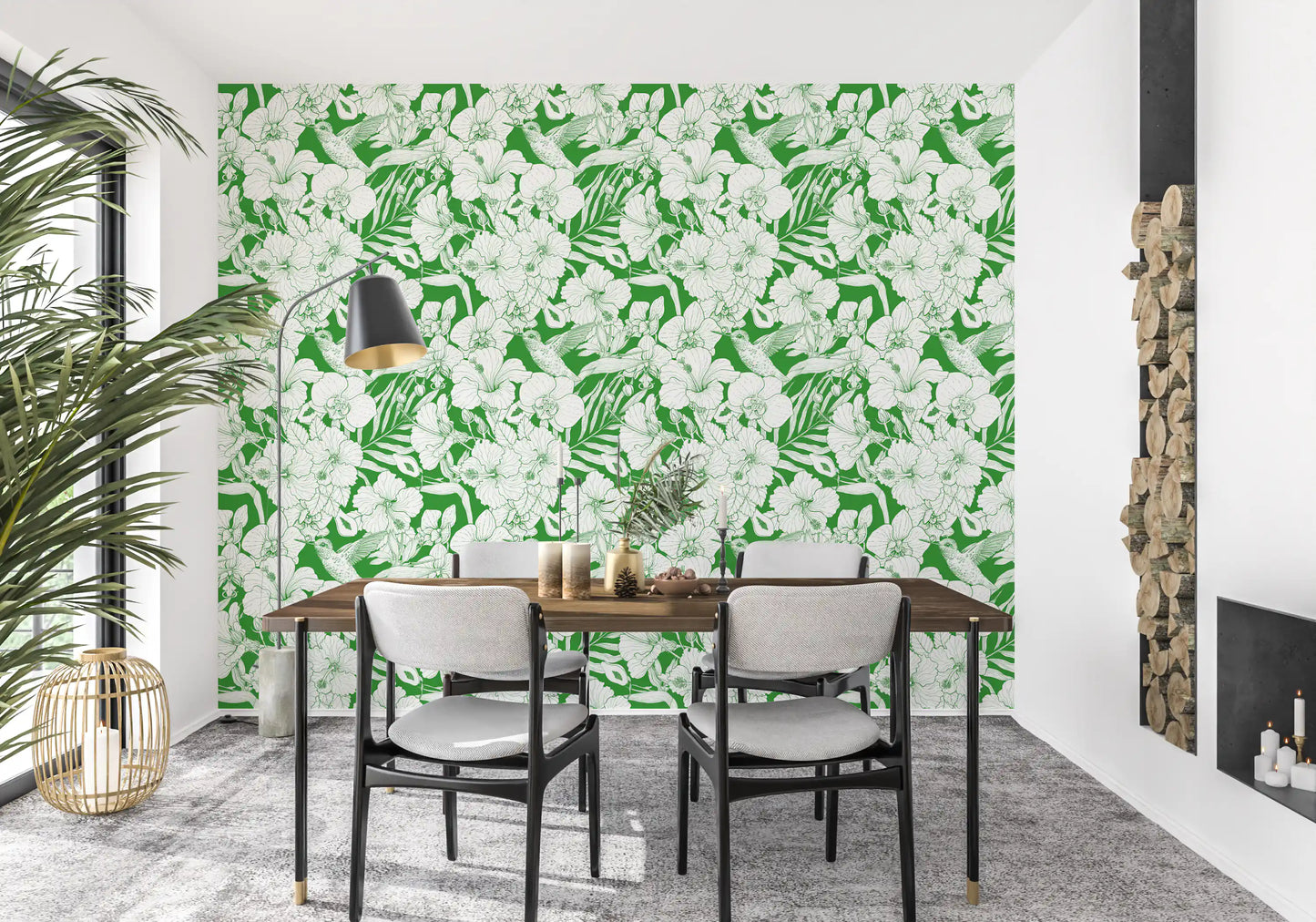 Dining room Tropical Florals wallpaper featuring hibiscus shapes and leaf outlines
