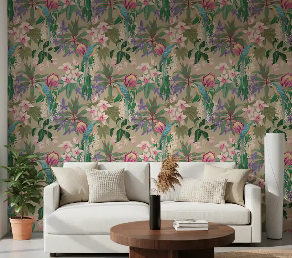 Office room Tropical Macaw & Orchid Bloom wallpaper with parrot artwork