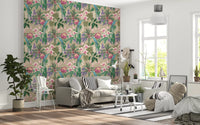 Hallway Tropical Bloom wallpaper with Macaw birds and orchid petals