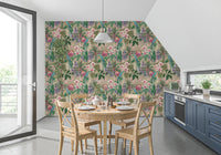 Kitchen Orchid Macaw wallpaper showing blue birds and leafy tropical detail
