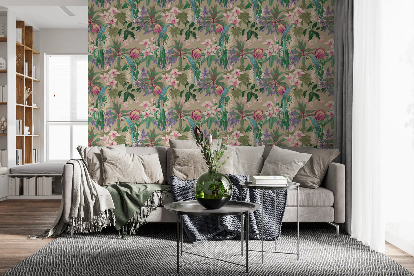 Tropical Macaw & Orchid Bloom  Wallpaper⁠