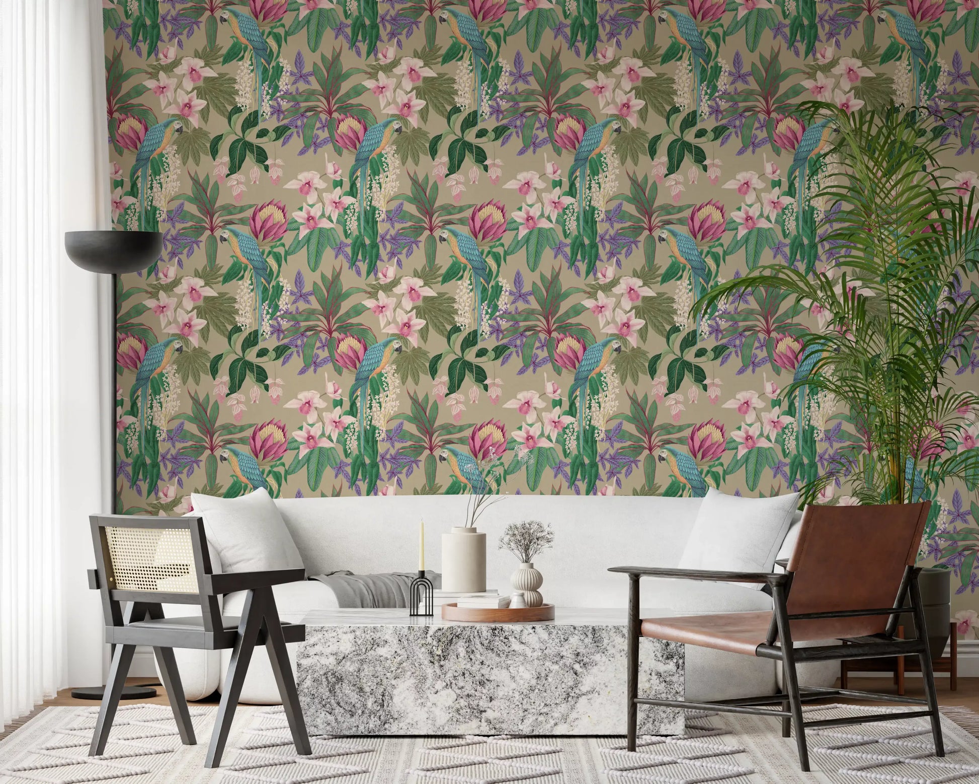 Beige orchid wallpaper with macaw birds and colorful botanical pattern