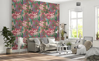 Orchid Bloom wallpaper showing macaws, pink flowers, and tropical leaves