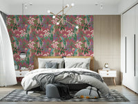 Macaw wallpaper with orchid petals, teal feathers, and rose-pink background