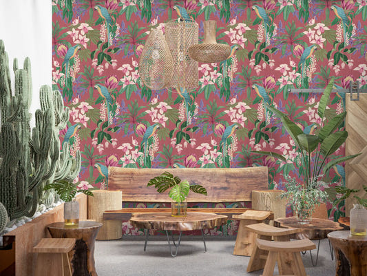 Cafe area Macaw Orchid wallpaper showing blue parrots and tropical leaves