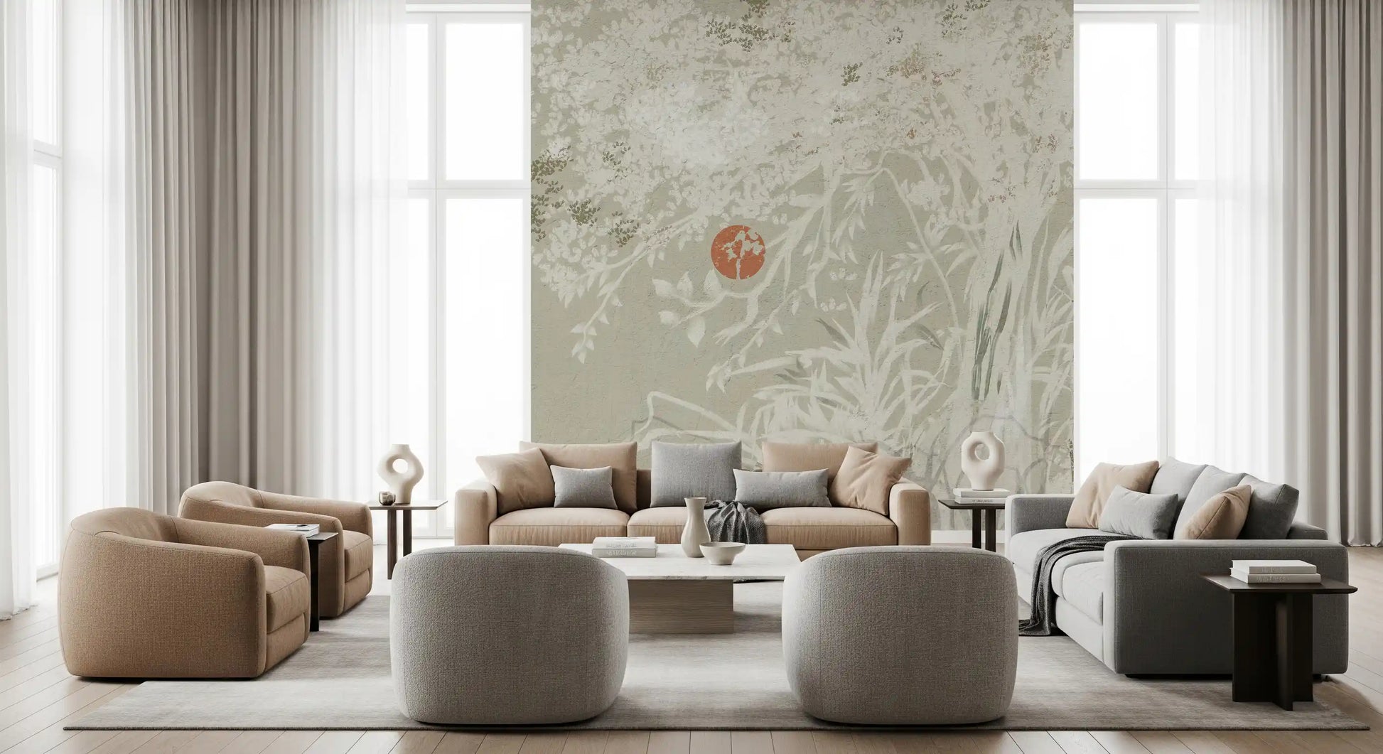 Serene Japanese wall mural with Botanical Landscape and muted Red Moon