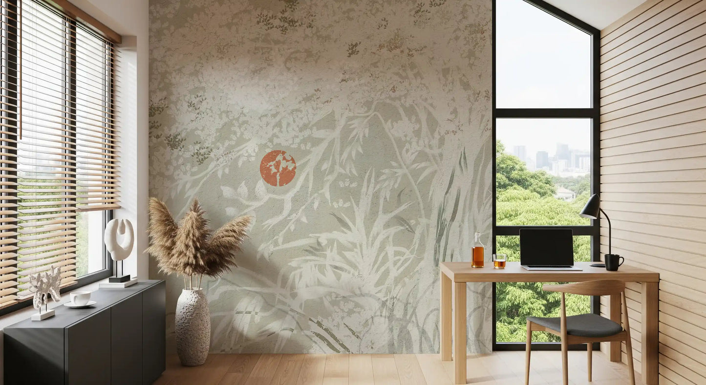 Office room Oriental Landscape mural with Serene Japanese and Red Moon