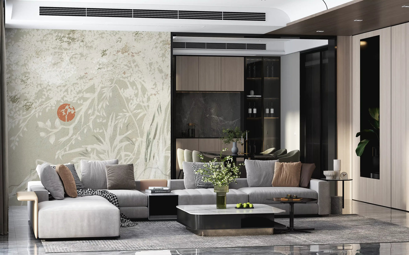 Living room Japanese Oriental mural showing Botanical Landscape and Red Moon