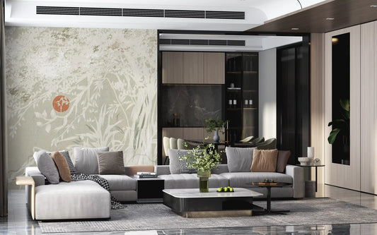 Living room Japanese Oriental mural showing Botanical Landscape and Red Moon