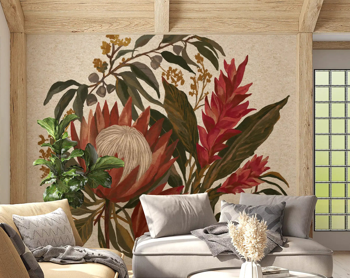 Living room Exotic Earth Blooms mural with Protea Flowers and Hawaiian Ginger
