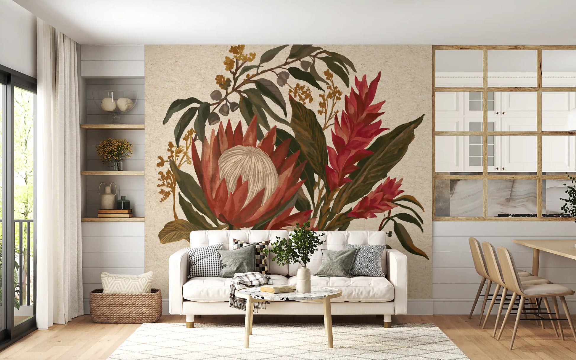 living room Lili Bouquet mural featuring Protea Flowers and Earth Blooms