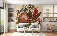 living room Lili Bouquet mural featuring Protea Flowers and Earth Blooms