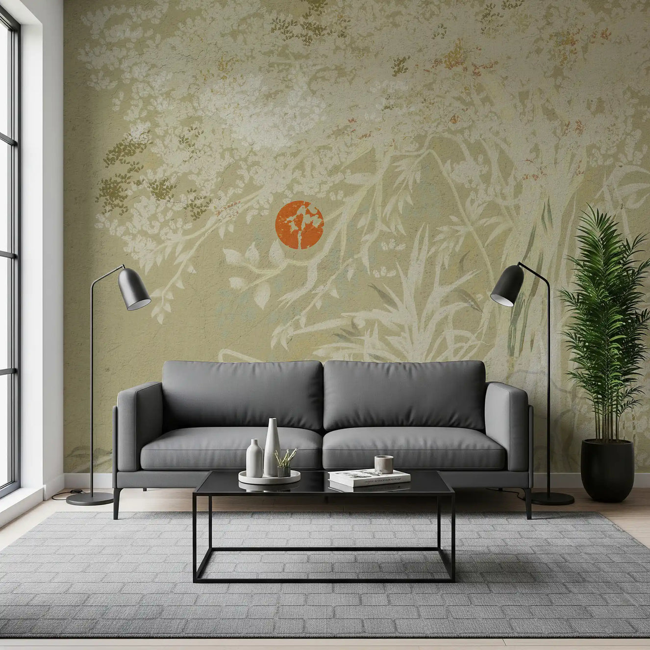 Living room Japanese Sunrise Wall Mural with weathered white branches
