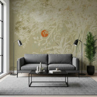 Living room Japanese Sunrise Wall Mural with weathered white branches