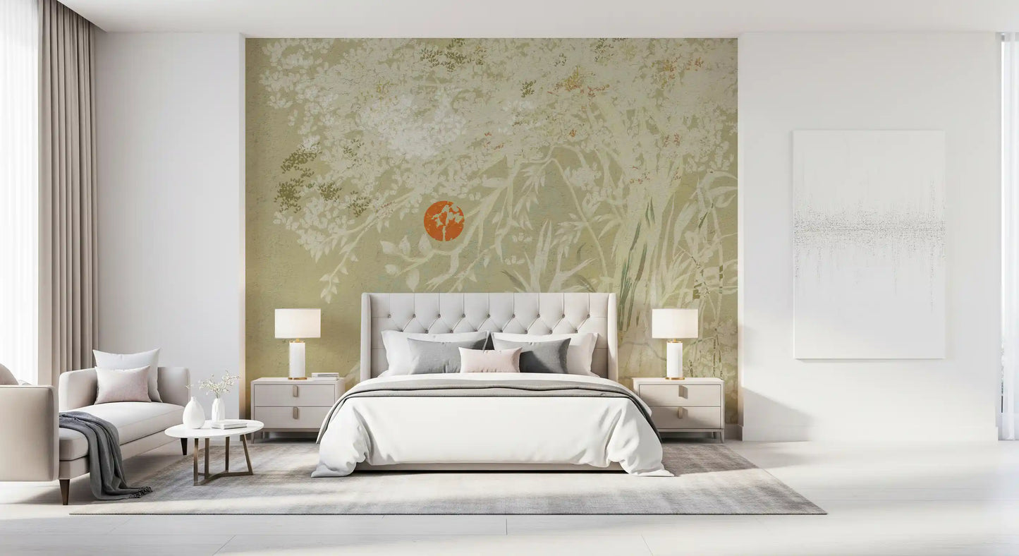 Bedroom Japandi Style Landscape mural with Zen Botanical foliage