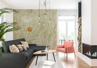 Japanese botanical wall mural featuring airy branches and a warm sunrise circle
