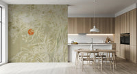Japandi style landscape wall mural showing soft grasses and weathered white lines