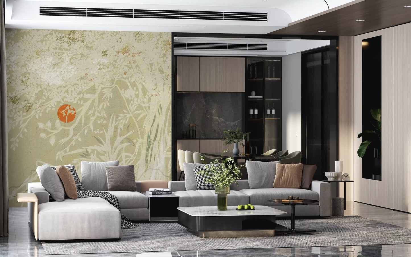 Zen Japanese Botanical Sunrise mural with pale foliage and muted terracotta sun