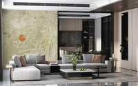 Zen Japanese Botanical Sunrise mural with pale foliage and muted terracotta sun