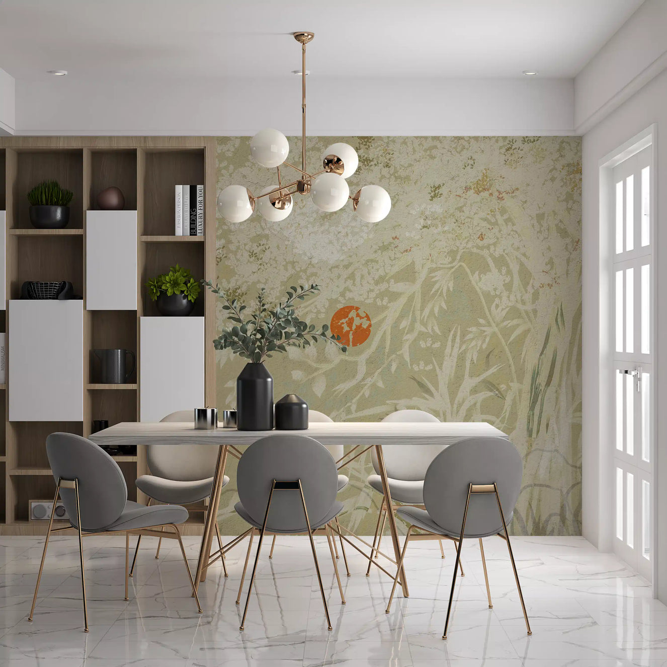 Dining room Zen Japanese Botanical wall mural with Sunrise Japandi scenery