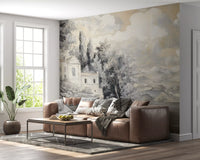 Lakeside Vista wall mural showing layered hills, soft sky, and painted water scene