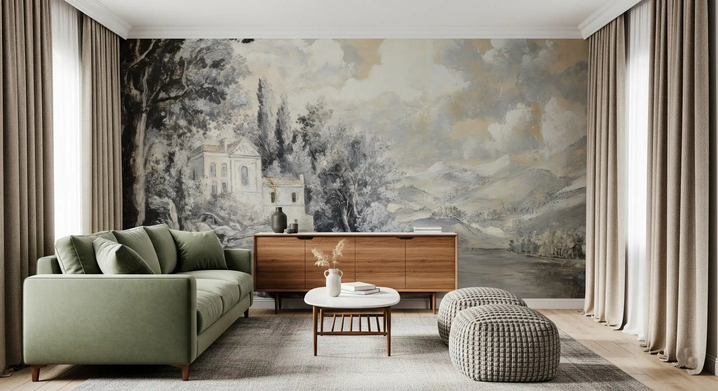 Living room Vista Wall Mural featuring hillside scenery and elegant lakeside view
