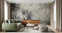 Living room Vista Wall Mural featuring hillside scenery and elegant lakeside view