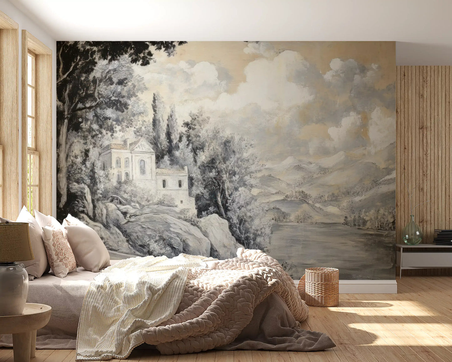 Bedroom Classic Lakeside Vista mural with neutral tones and architectural detail