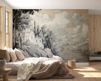 Bedroom Classic Lakeside Vista mural with neutral tones and architectural detail