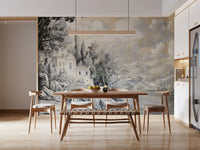 Vista mural featuring a lakeshore view, mountain backdrop, and refined tree forms
