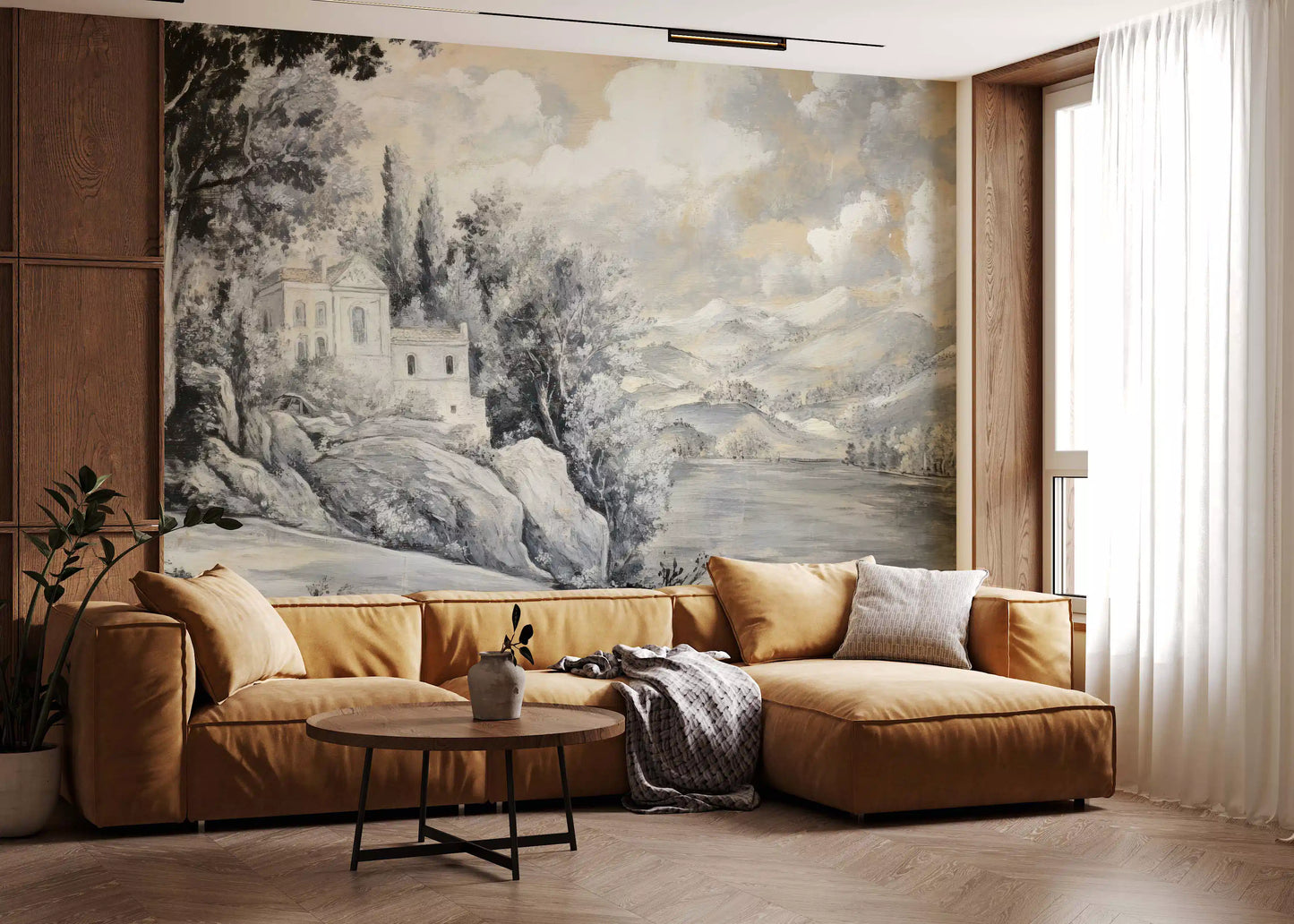 Lakeside wall mural with neutral landscape art, rocky slope, and distant hills