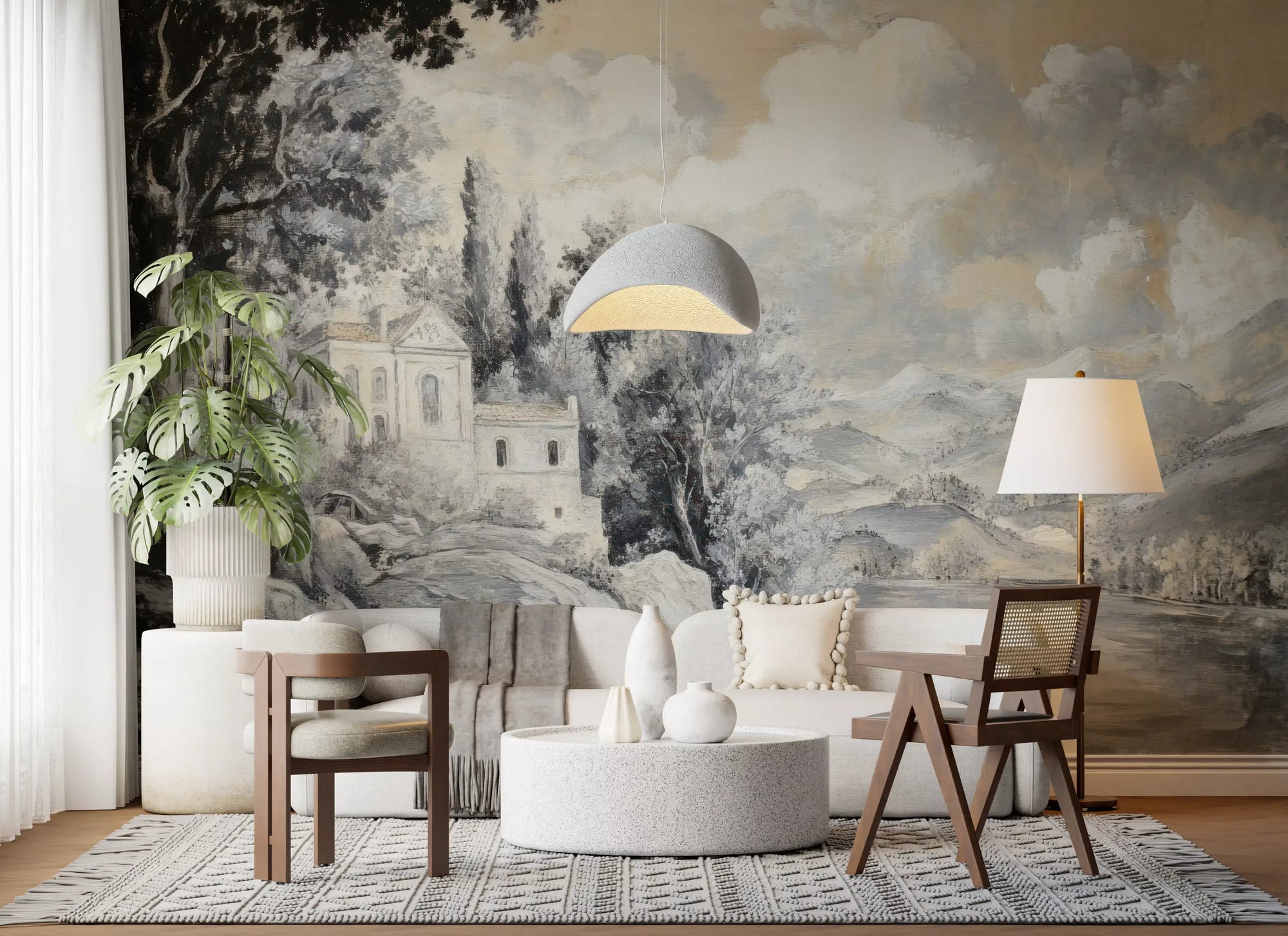 Hallway Classic Lakeside Vista wall mural with hills, lake, and villa scene