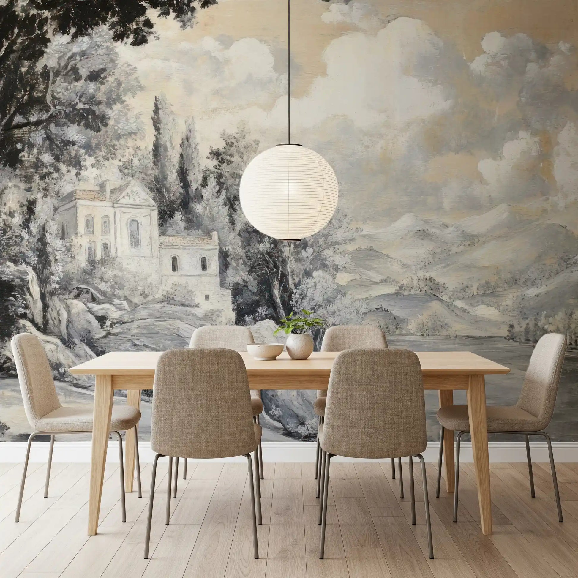 Classic wall mural with pastoral landscape, lakeside depth, and woodland framing