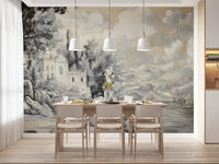 Dining room Lakeside Vista Wall Mural showing trees, water, and classic landscape art