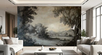 Vista wall mural with classic painted landscape and soft monochrome finish