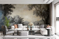 Living room wall mural featuring Monochrome Vista artwork and shaded trees