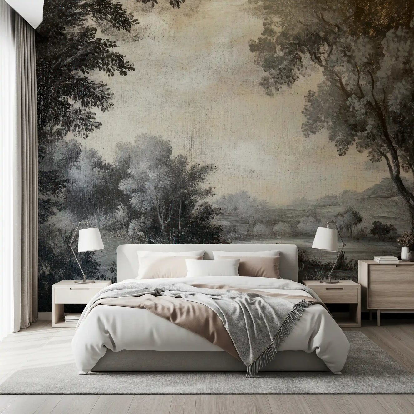 Bedroom wall mural with Monochrome Lakeside Vista trees and calm water