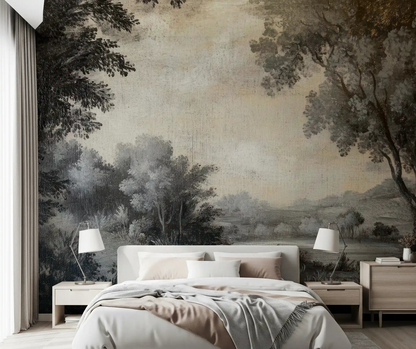 Bedroom wall mural with Monochrome Lakeside Vista trees and calm water
