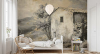 Rustic Retreat: Painterly Landscape Wall Mural with cottage and hazy hills