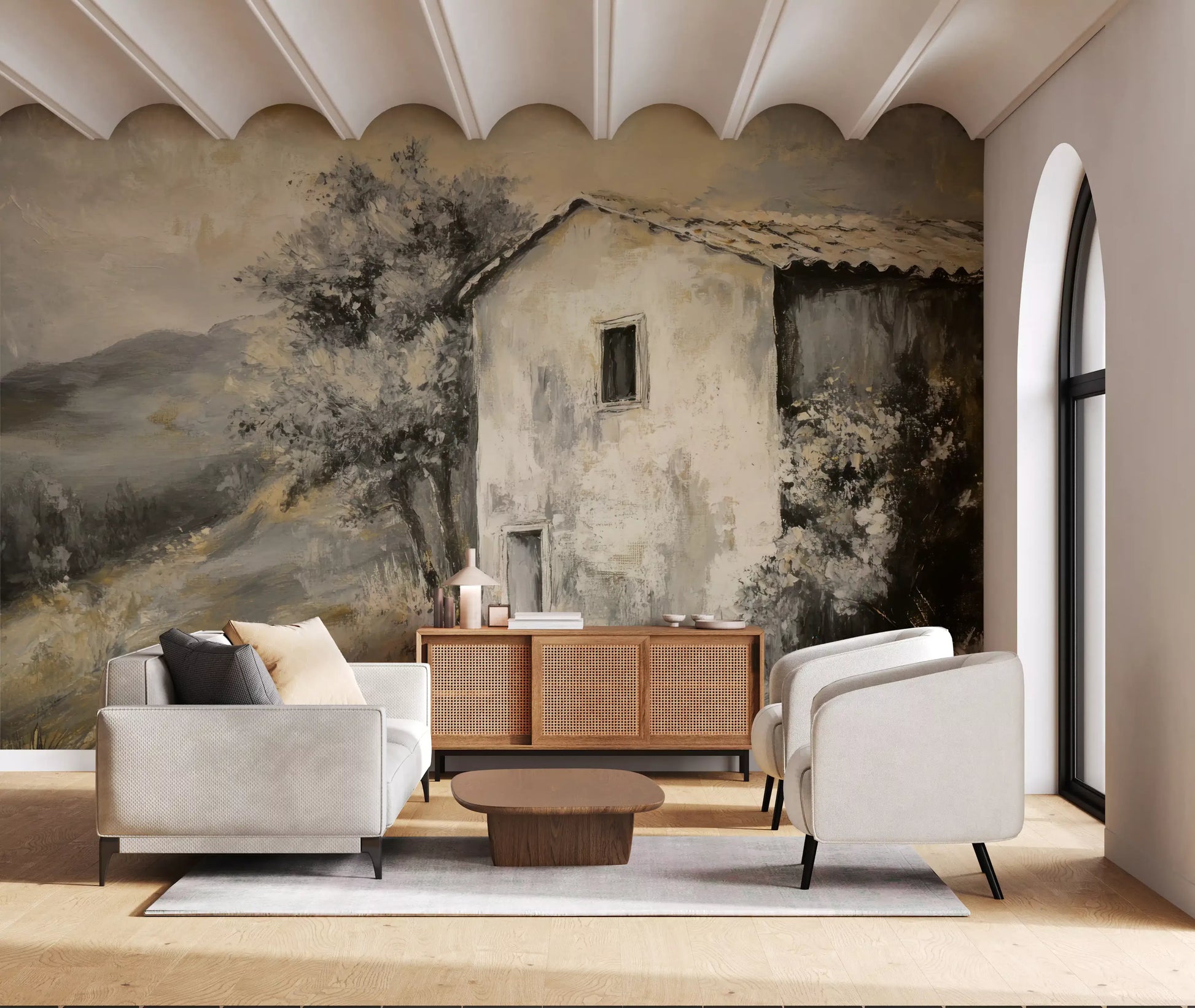 Rustic wall mural showing old house detail, dry grasses, and neutral depth