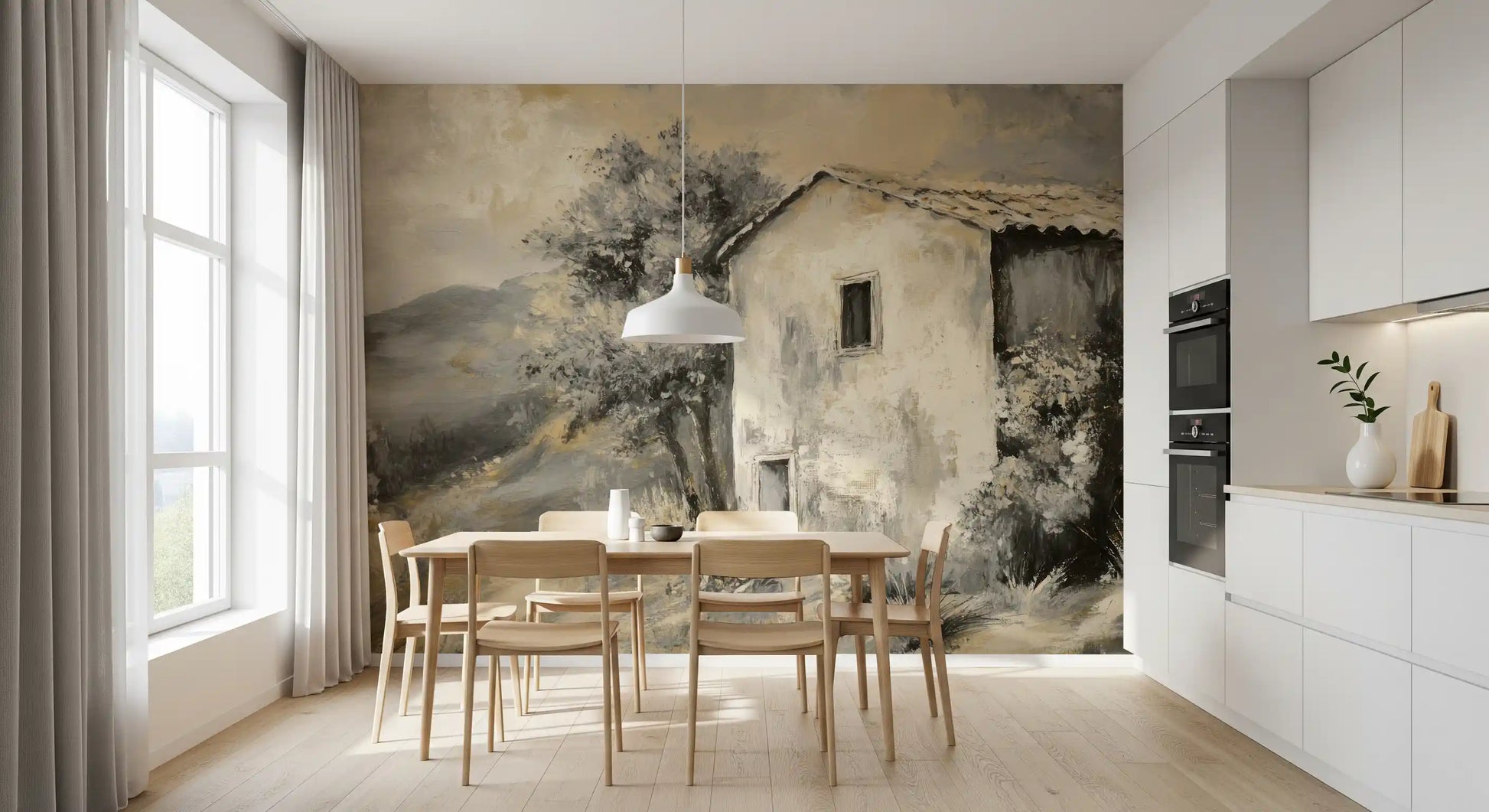 Painterly cottage mural featuring sepia tones and aged countryside detail
