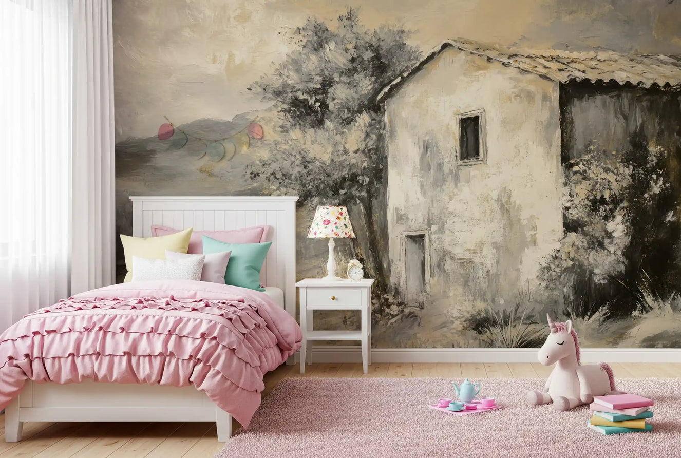 Bedroom wall showing Painterly Landscape Wall Mural with aged rural house