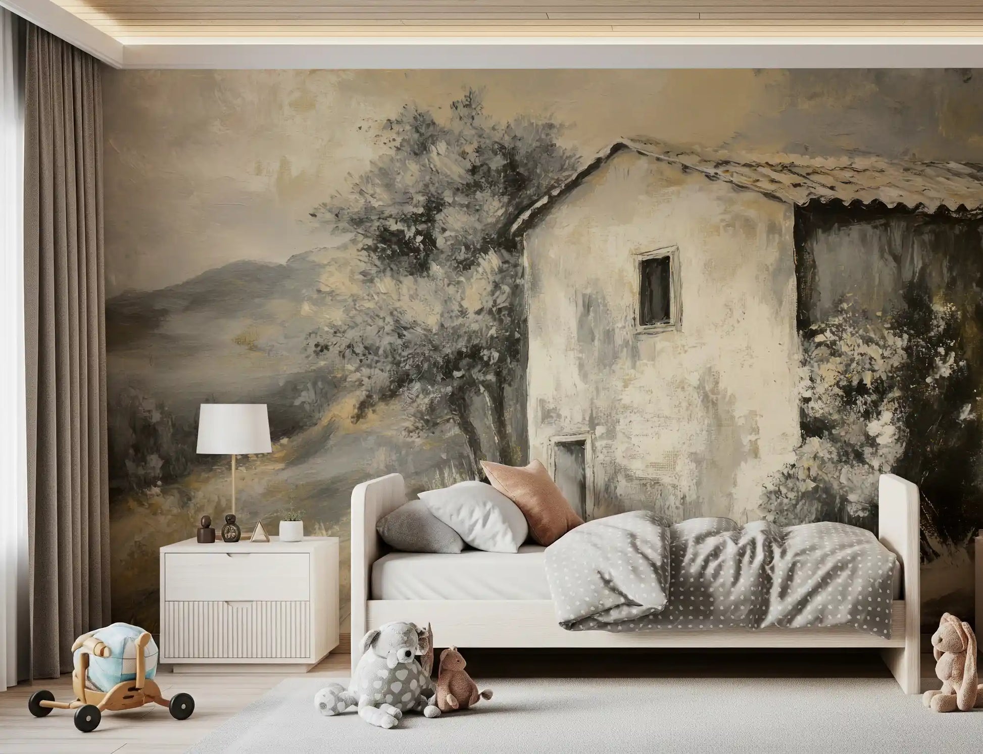 Rural house wall mural with subdued hills, shrubs, and vintage-style mood