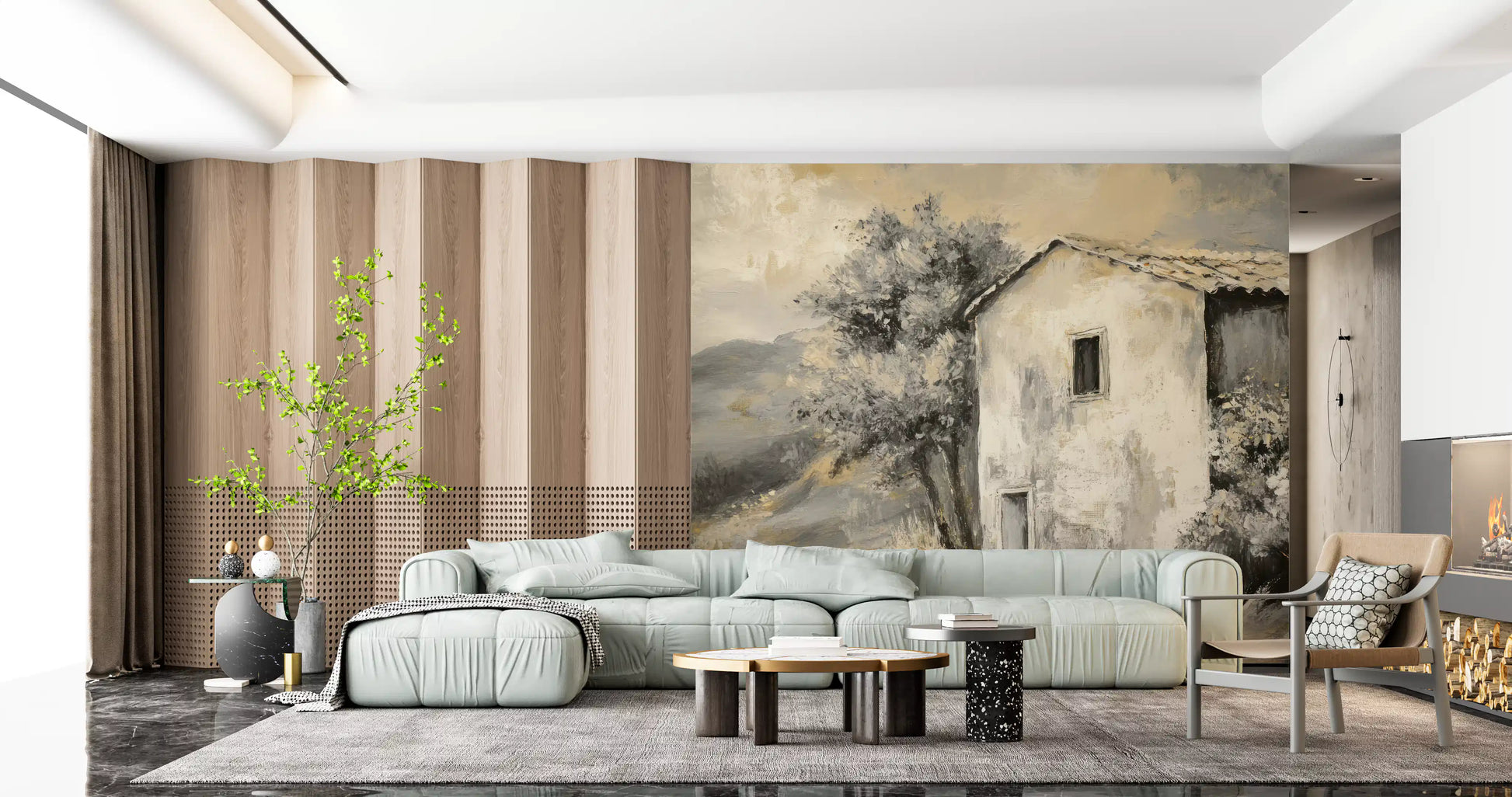 Living room with rustic cottage mural and quiet pathway landscape detail