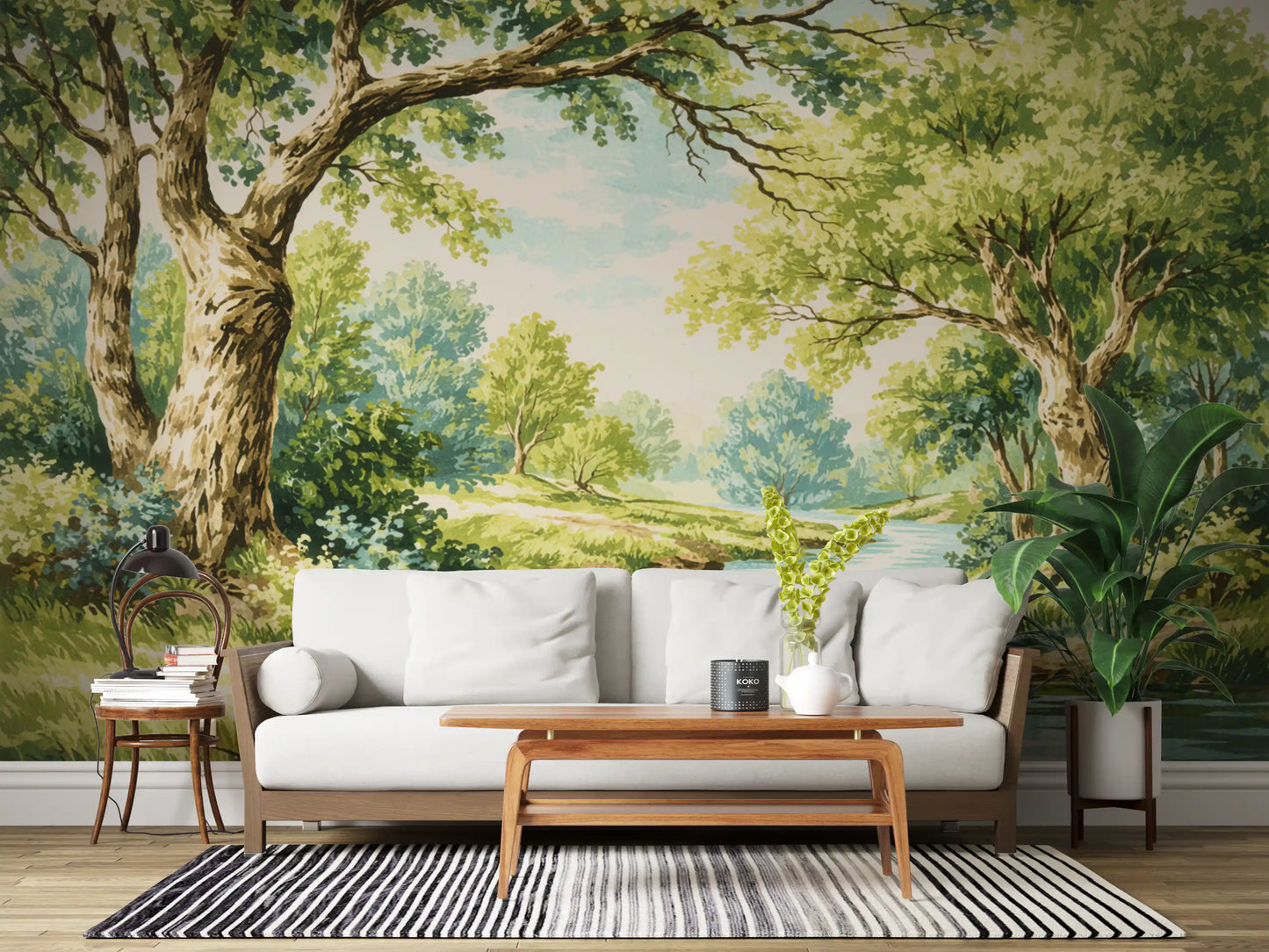 Hallway wall showing woodland creek mural with aqua water and leafy trees