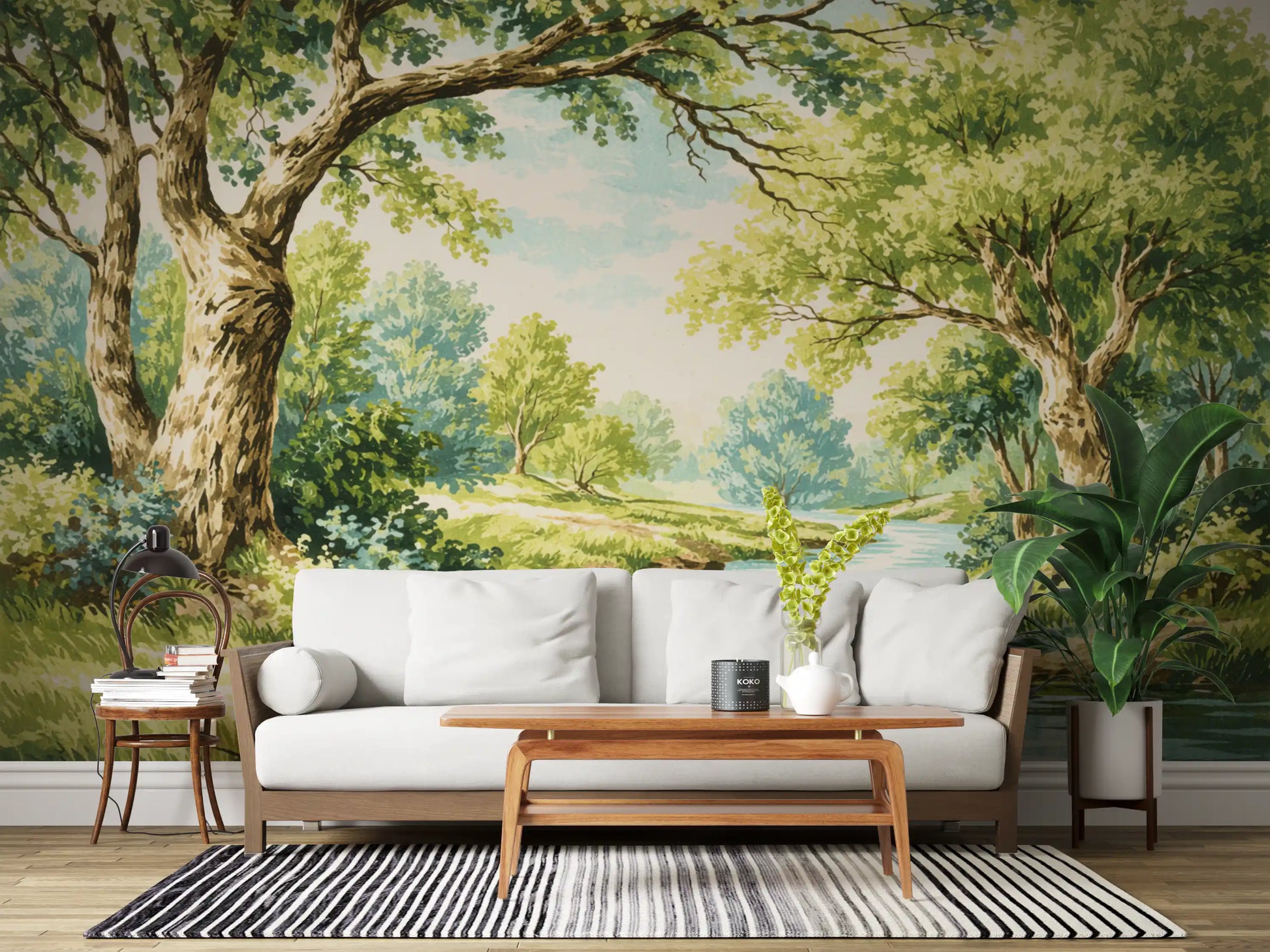 Hallway wall showing woodland creek mural with aqua water and leafy trees