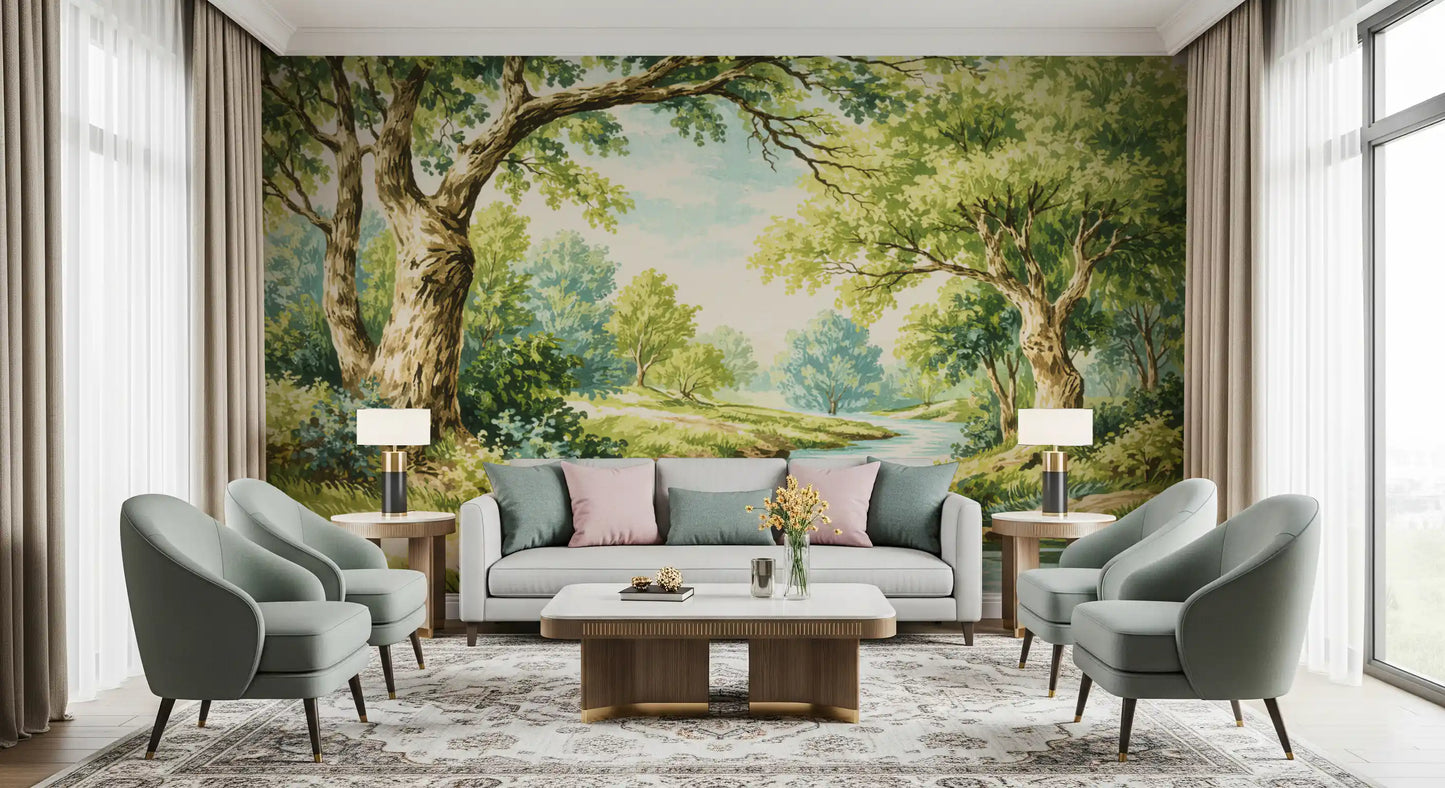 Enchanted Woodland Stream Wall Mural with clear creek and bright foliage