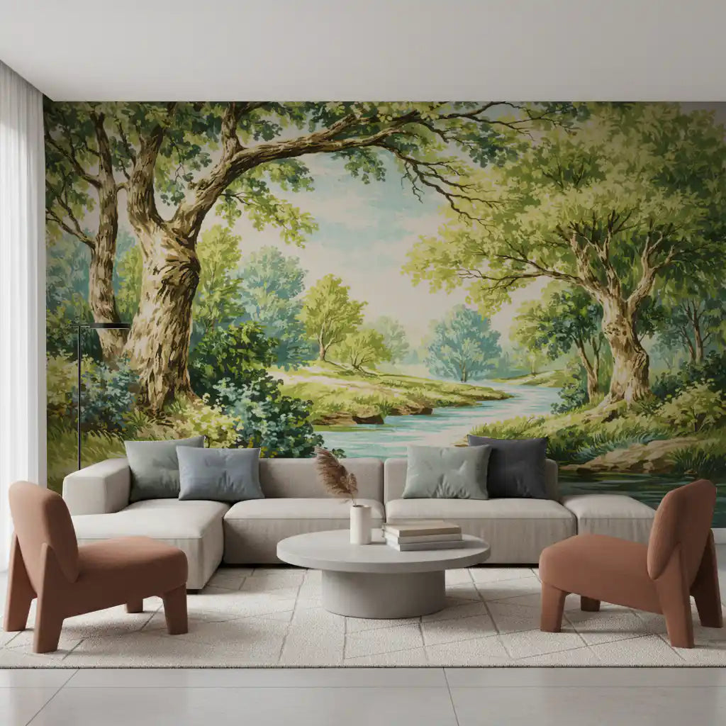 Living room using green creek mural with twisting branches and shrubs